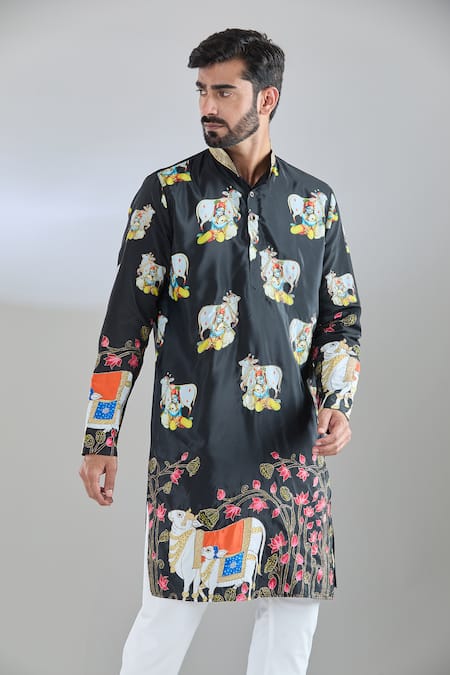 Arihant Rai Sinha_Black Crepe Zari Cow Print Embroidered Kurta _at_Aza_Fashions