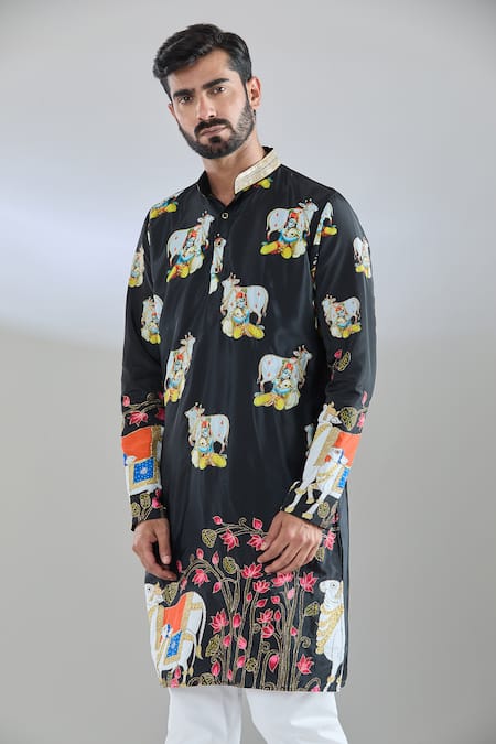 Buy_Arihant Rai Sinha_Black Crepe Zari Cow Print Embroidered Kurta 