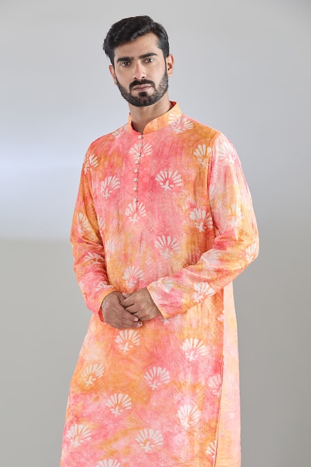 Shop Arihant Rai Sinha Pink Chanderi Silk Embroidery, Sequins Floral Kurta Online at Aza Fashions Shop_Arihant Rai Sinha_Pink Chanderi Silk Embroidery, Sequins Floral Kurta _Online_at_Aza_Fashions