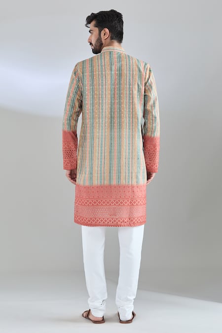 Shop_Arihant Rai Sinha_Yellow Cotton Embroidery, Sequins Geometric Print Mustard Kurta _at_Aza_Fashions