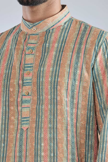 Arihant Rai Sinha_Yellow Cotton Embroidery, Sequins Geometric Print Mustard Kurta _Online_at_Aza_Fashions