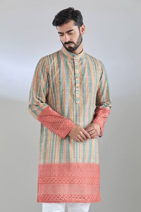Buy_Arihant Rai Sinha_Yellow Cotton Embroidery, Sequins Geometric Print Mustard Kurta _Online_at_Aza_Fashions