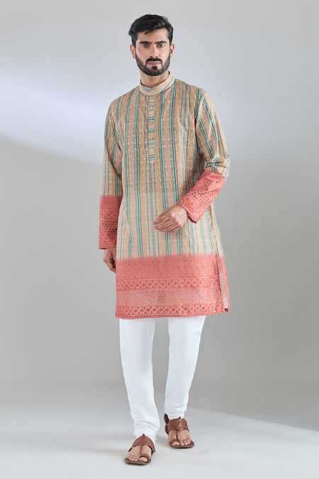 Shop_Arihant Rai Sinha_Yellow Cotton Embroidery, Sequins Geometric Print Mustard Kurta _Online_at_Aza_Fashions