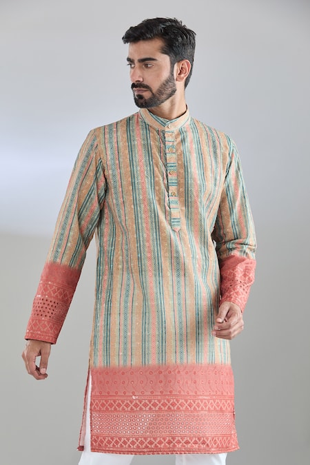 Arihant Rai Sinha_Yellow Cotton Embroidery, Sequins Geometric Print Mustard Kurta _at_Aza_Fashions