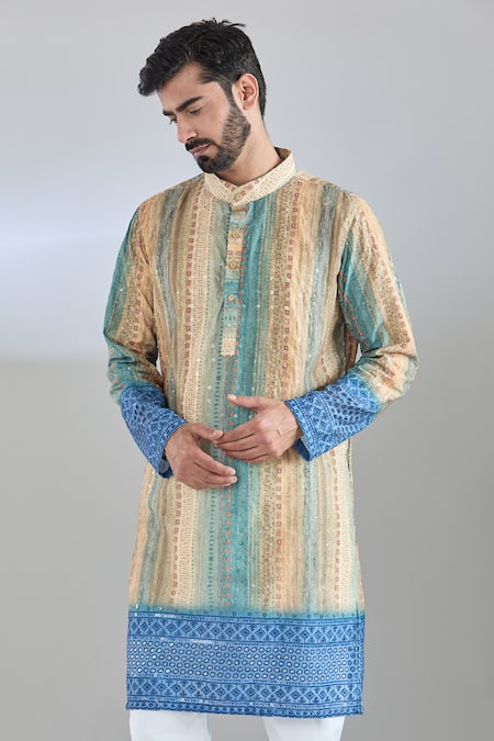 Arihant Rai Sinha_Blue Cotton Sequins Geometric Print Embroidered Kurta _Online_at_Aza_Fashions
