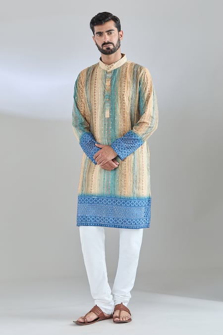 Buy_Arihant Rai Sinha_Blue Cotton Sequins Geometric Print Embroidered Kurta _Online_at_Aza_Fashions