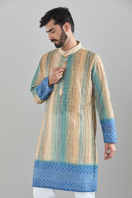 Shop_Arihant Rai Sinha_Blue Cotton Sequins Geometric Print Embroidered Kurta _Online_at_Aza_Fashions