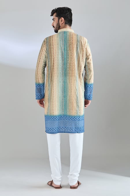 Shop_Arihant Rai Sinha_Blue Cotton Sequins Geometric Print Embroidered Kurta _at_Aza_Fashions