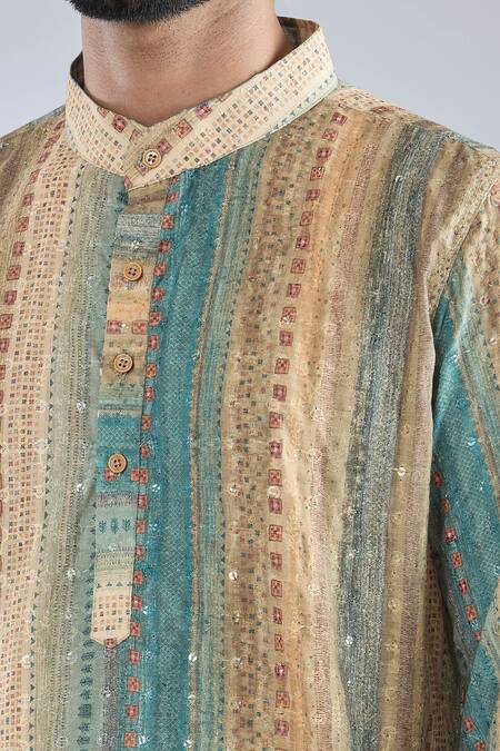 Arihant Rai Sinha_Blue Cotton Sequins Geometric Print Embroidered Kurta _at_Aza_Fashions