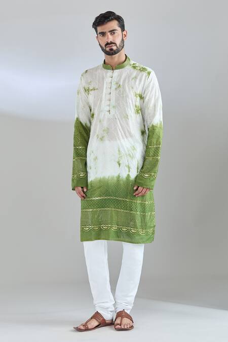 Arihant Rai Sinha_White Chanderi Sequins, Embroidery Green Colorblock Kurta _Online_at_Aza_Fashions