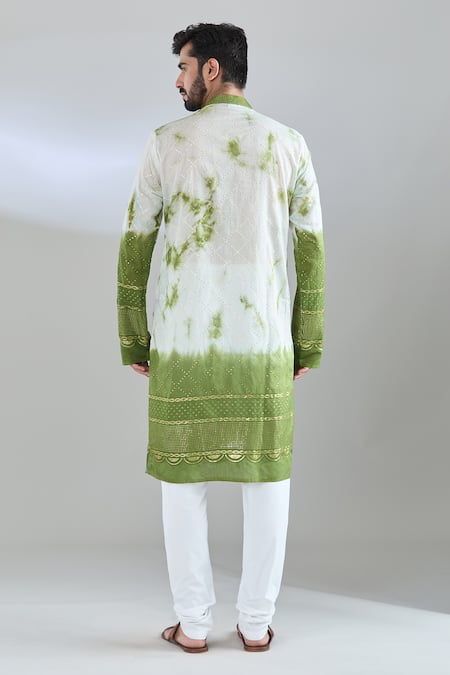 Shop_Arihant Rai Sinha_White Chanderi Sequins, Embroidery Green Colorblock Kurta _at_Aza_Fashions