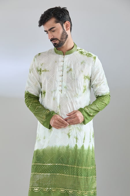 Buy_Arihant Rai Sinha_White Chanderi Sequins, Embroidery Green Colorblock Kurta _Online_at_Aza_Fashions