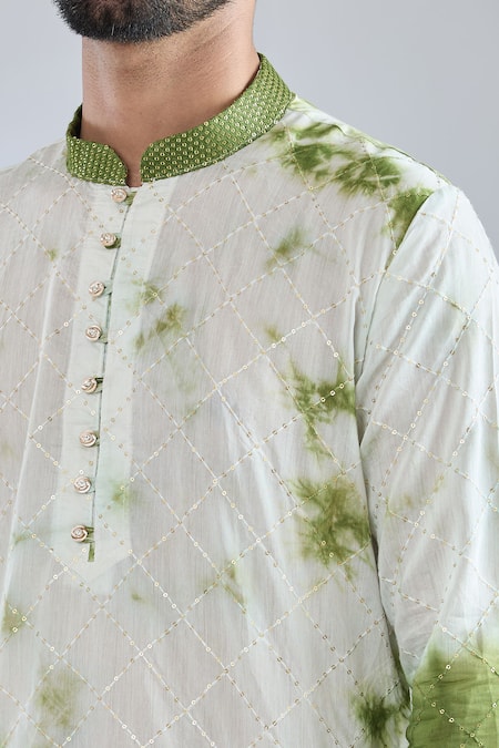 Shop_Arihant Rai Sinha_White Chanderi Sequins, Embroidery Green Colorblock Kurta _Online_at_Aza_Fashions