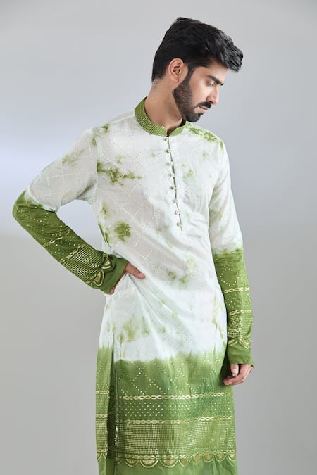 Arihant Rai Sinha_White Chanderi Sequins, Embroidery Green Colorblock Kurta _at_Aza_Fashions