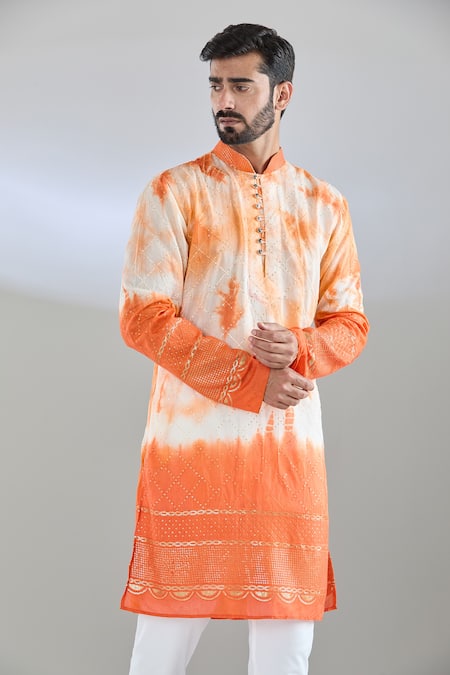 Buy_Arihant Rai Sinha_White Chanderi Sequins, Embroidery Colorblock Kurta _Online_at_Aza_Fashions