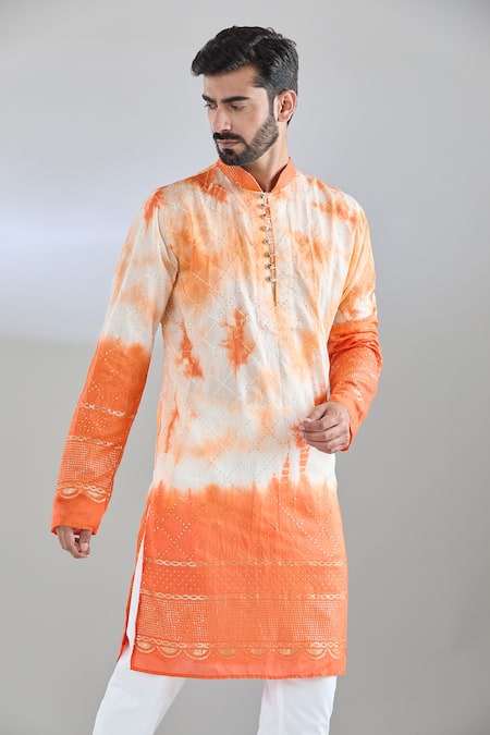 Shop_Arihant Rai Sinha_White Chanderi Sequins, Embroidery Colorblock Kurta _Online_at_Aza_Fashions