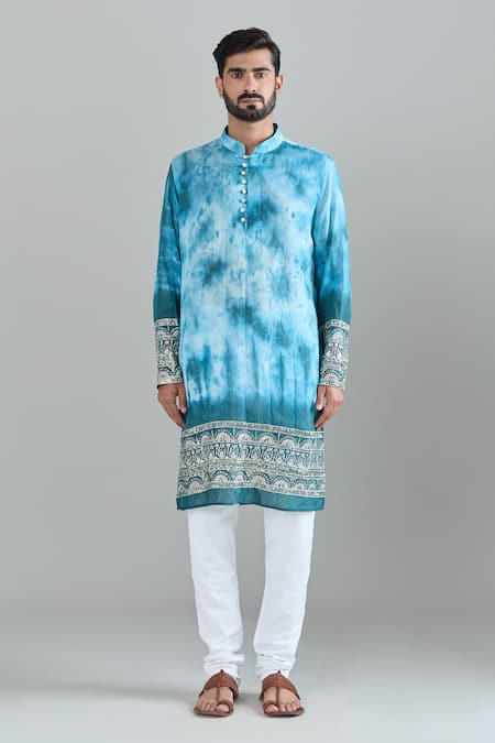 Shop_Arihant Rai Sinha_Blue Chanderi Embroidery, Sequins Rama Tie Dye Kurta _at_Aza_Fashions