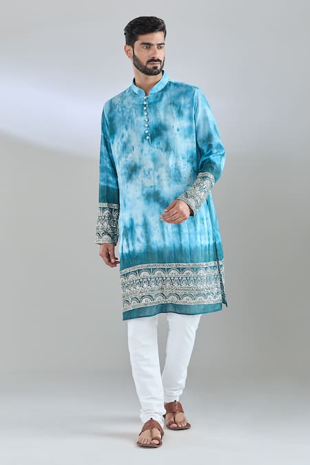 Arihant Rai Sinha_Blue Chanderi Embroidery, Sequins Rama Tie Dye Kurta _Online_at_Aza_Fashions