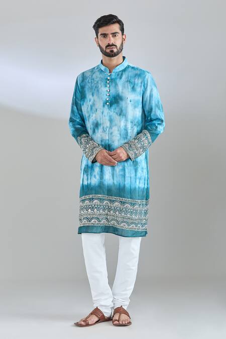 Buy_Arihant Rai Sinha_Blue Chanderi Embroidery, Sequins Rama Tie Dye Kurta _Online_at_Aza_Fashions