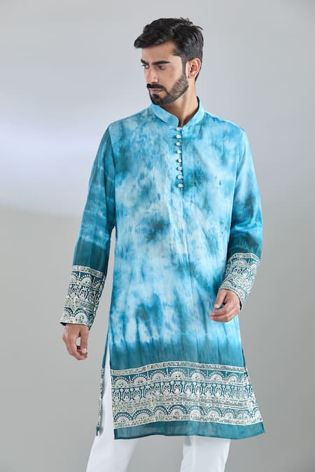 Shop_Arihant Rai Sinha_Blue Chanderi Embroidery, Sequins Rama Tie Dye Kurta _Online_at_Aza_Fashions