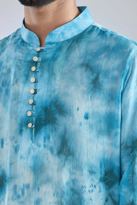 Arihant Rai Sinha_Blue Chanderi Embroidery, Sequins Rama Tie Dye Kurta _at_Aza_Fashions