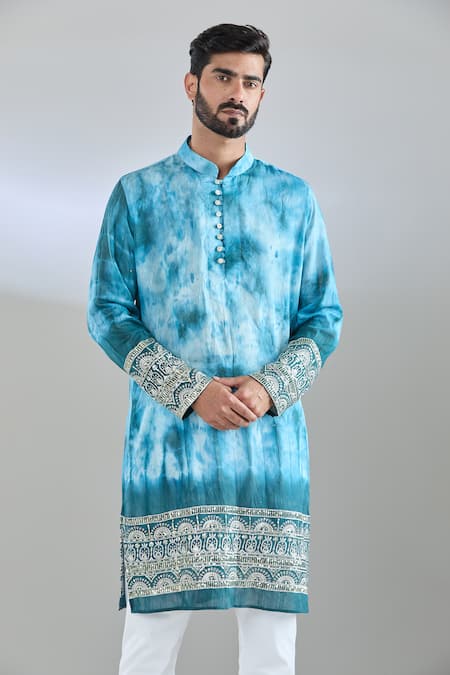 Buy_Arihant Rai Sinha_Blue Chanderi Embroidery, Sequins Rama Tie Dye Kurta 