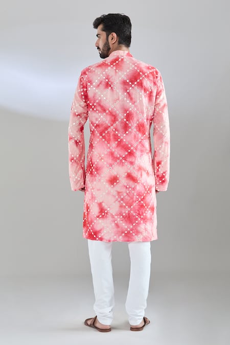 Shop_Arihant Rai Sinha_Red Chanderi Mirrors Shibori Embroidered Kurta _at_Aza_Fashions