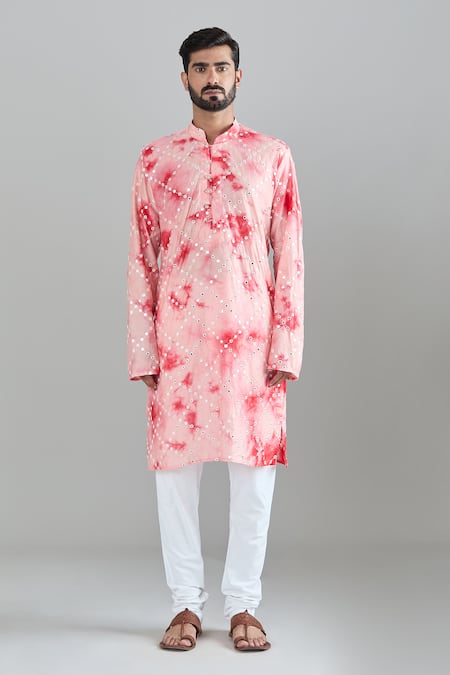 Arihant Rai Sinha_Red Chanderi Mirrors Shibori Embroidered Kurta _Online_at_Aza_Fashions