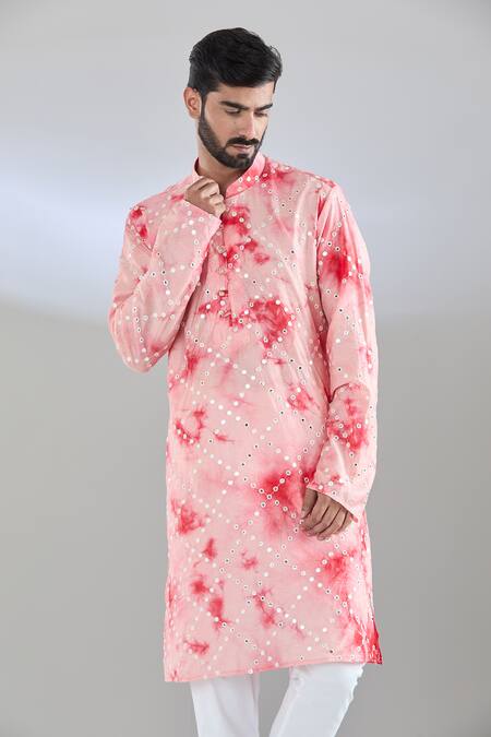 Shop_Arihant Rai Sinha_Red Chanderi Mirrors Shibori Embroidered Kurta _Online_at_Aza_Fashions