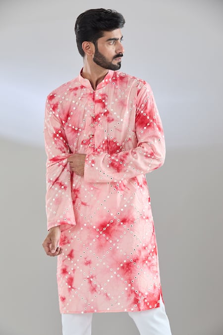 Arihant Rai Sinha_Red Chanderi Mirrors Shibori Embroidered Kurta _at_Aza_Fashions