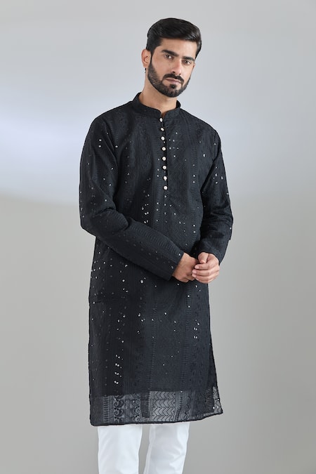 Shop_Arihant Rai Sinha_Black Georgette Sequins, Embroidery Kurta _Online_at_Aza_Fashions