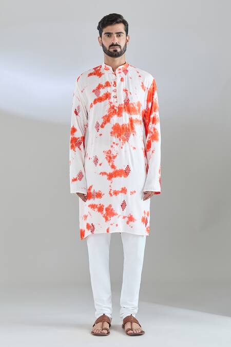 Shop_Arihant Rai Sinha_White Rayon Mirrors, Embroidery Shibori Kurta _Online_at_Aza_Fashions