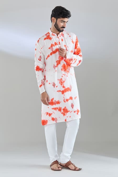 Arihant Rai Sinha_White Rayon Mirrors, Embroidery Shibori Kurta _at_Aza_Fashions