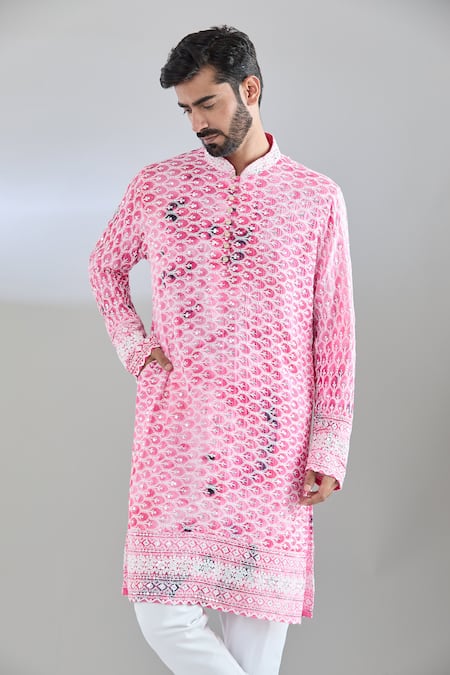 Arihant Rai Sinha_Pink Rayon Sequins, Embroidery Shibori Kurta _Online_at_Aza_Fashions