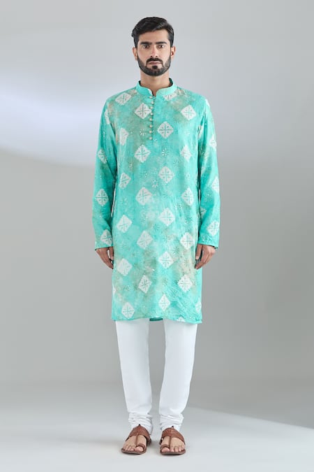 Arihant Rai Sinha_Blue Chanderi Sequins, Embroidery Geometric Print Kurta _Online_at_Aza_Fashions
