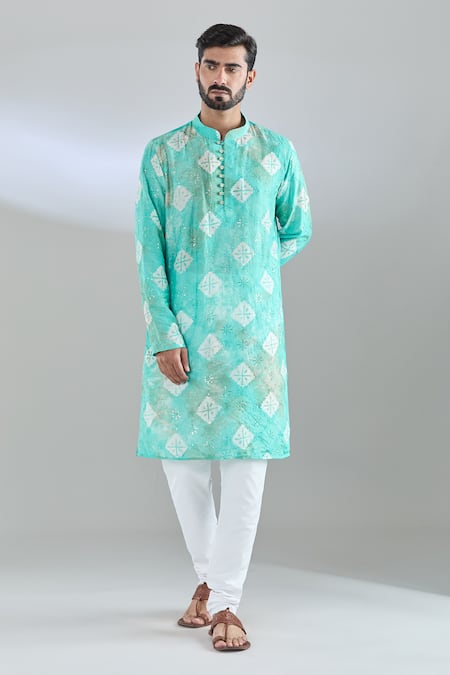 Buy_Arihant Rai Sinha_Blue Chanderi Sequins, Embroidery Geometric Print Kurta _Online_at_Aza_Fashions