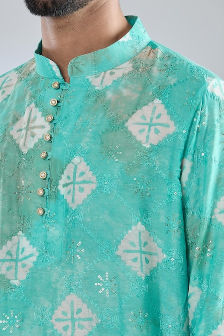 Shop_Arihant Rai Sinha_Blue Chanderi Sequins, Embroidery Geometric Print Kurta _Online_at_Aza_Fashions