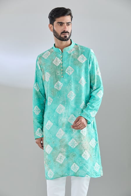 Arihant Rai Sinha_Blue Chanderi Sequins, Embroidery Geometric Print Kurta _at_Aza_Fashions
