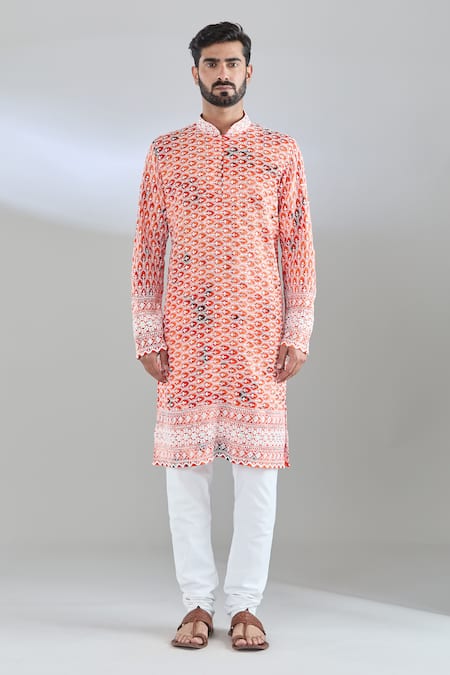 Arihant Rai Sinha Orange Rayon Sequins, Embroidery Floral Kurta Online at Aza Fashions Arihant Rai Sinha_Orange Rayon Sequins, Embroidery Floral Kurta _Online_at_Aza_Fashions