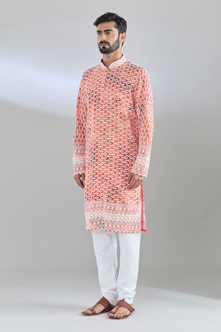 Shop Arihant Rai Sinha Orange Rayon Sequins, Embroidery Floral Kurta Online at Aza Fashions Shop_Arihant Rai Sinha_Orange Rayon Sequins, Embroidery Floral Kurta _Online_at_Aza_Fashions