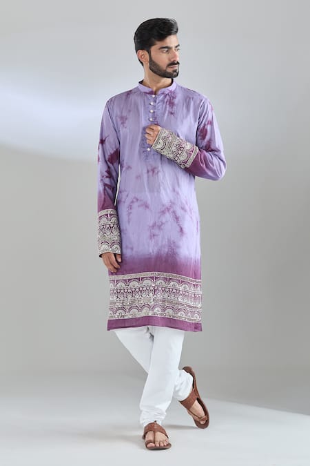 Shop_Arihant Rai Sinha_Magenta Chanderi Embroidery Shibori Kurta _Online_at_Aza_Fashions