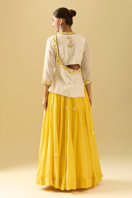 Shop_Samyukta Singhania_Off White Chanderi, Cotton, Silk Sequins, Cut Work, Yellow Lehenga Set_at_Aza_Fashions