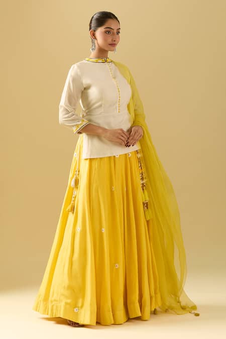 Samyukta Singhania_Off White Chanderi, Cotton, Silk Sequins, Cut Work, Yellow Lehenga Set_Online_at_Aza_Fashions