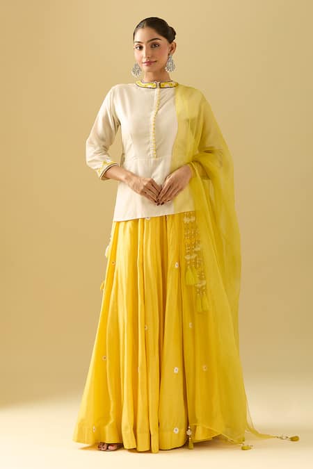 Shop_Samyukta Singhania_Off White Chanderi, Cotton, Silk Sequins, Cut Work, Yellow Lehenga Set_Online_at_Aza_Fashions