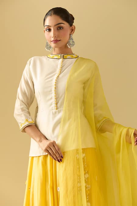 Samyukta Singhania_Off White Chanderi, Cotton, Silk Sequins, Cut Work, Yellow Lehenga Set_at_Aza_Fashions