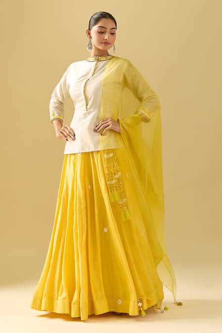 Buy_Samyukta Singhania_Off White Chanderi, Cotton, Silk Sequins, Cut Work, Yellow Lehenga Set