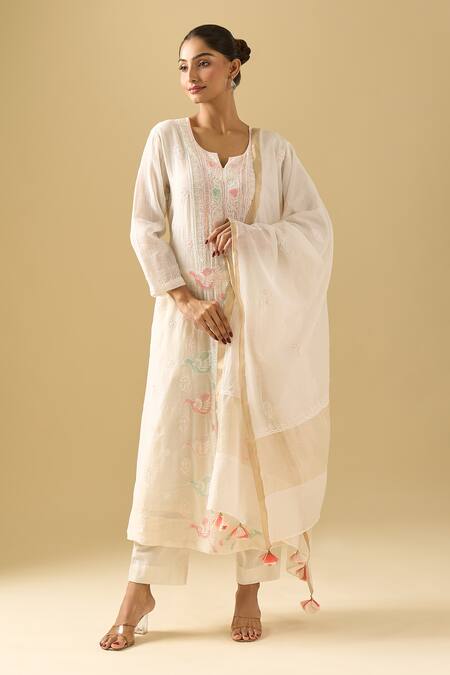 Buy Samyukta Singhania White Chanderi Cut Work, Sequins, Beads Split Cutdana Embroidered Anarkali Set Online at Aza Fashions Buy_Samyukta Singhania_White Chanderi Cut Work, Sequins, Beads Split Cutdana Embroidered Anarkali Set_Online_at_Aza_Fashions