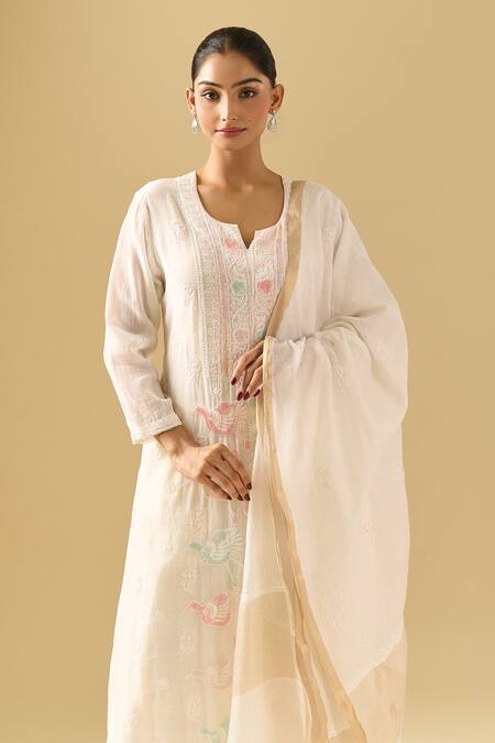 Samyukta Singhania White Chanderi Cut Work, Sequins, Beads Split Cutdana Embroidered Anarkali Set at Aza Fashions Samyukta Singhania_White Chanderi Cut Work, Sequins, Beads Split Cutdana Embroidered Anarkali Set_at_Aza_Fashions