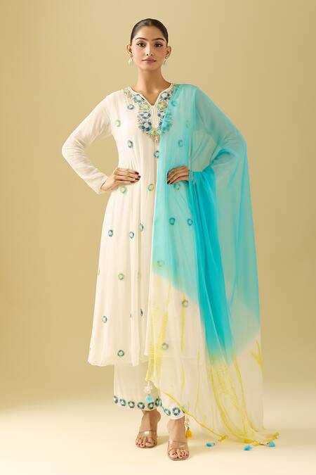 Samyukta Singhania_White Georgette Sequins, Beads, Embroidery Button-down Floral Anarkali Set_Online_at_Aza_Fashions