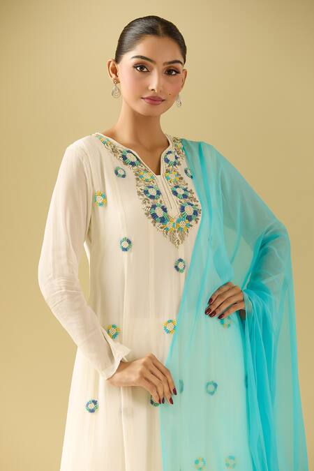 Shop_Samyukta Singhania_White Georgette Sequins, Beads, Embroidery Button-down Floral Anarkali Set_Online_at_Aza_Fashions